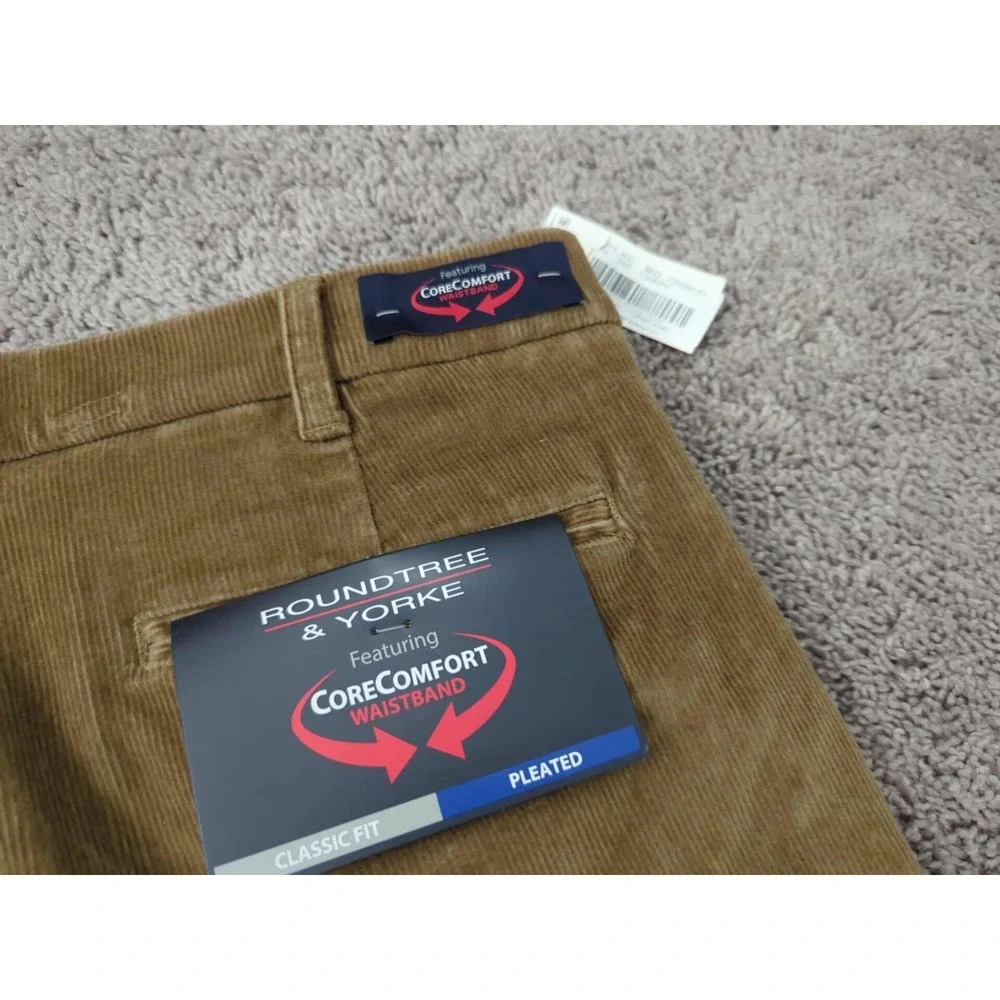 Roundtree & Yorke Pants Mens 36x34 Brown Corduroy Pleated Cuffed Hem Classic NEW